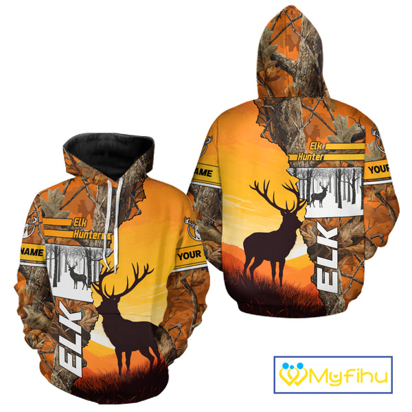 Elk Hunting Shirt Personalized 3D All Over Print Orange Autumn camo, Elk Hunting Shirt NHT137