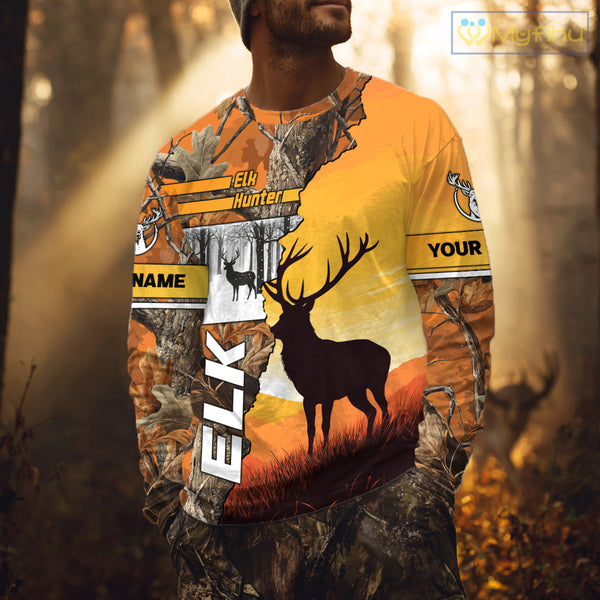 Elk Hunting Shirt Personalized 3D All Over Print Orange Autumn camo, Elk Hunting Shirt NHT137