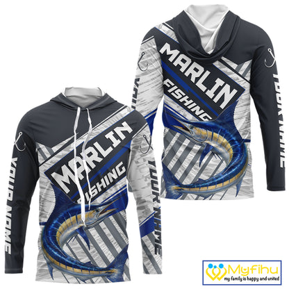 Personalized Marlin Fishing Jerseys For Fishing Team, Marlin Hooded Fishing Shirt Long Sleeve NHT919