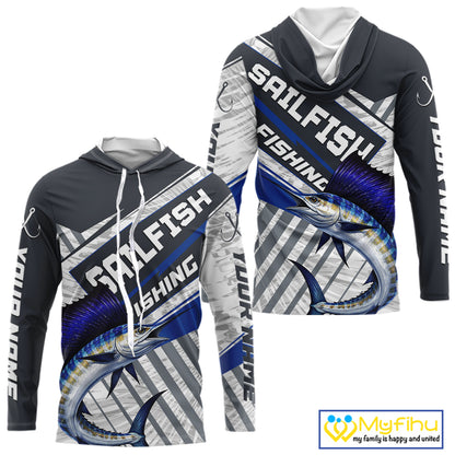 Personalized Sailfish Fishing Jerseys For Fishing Team, Sailfish Hooded Fishing Shirt Long Sleeve NHT920