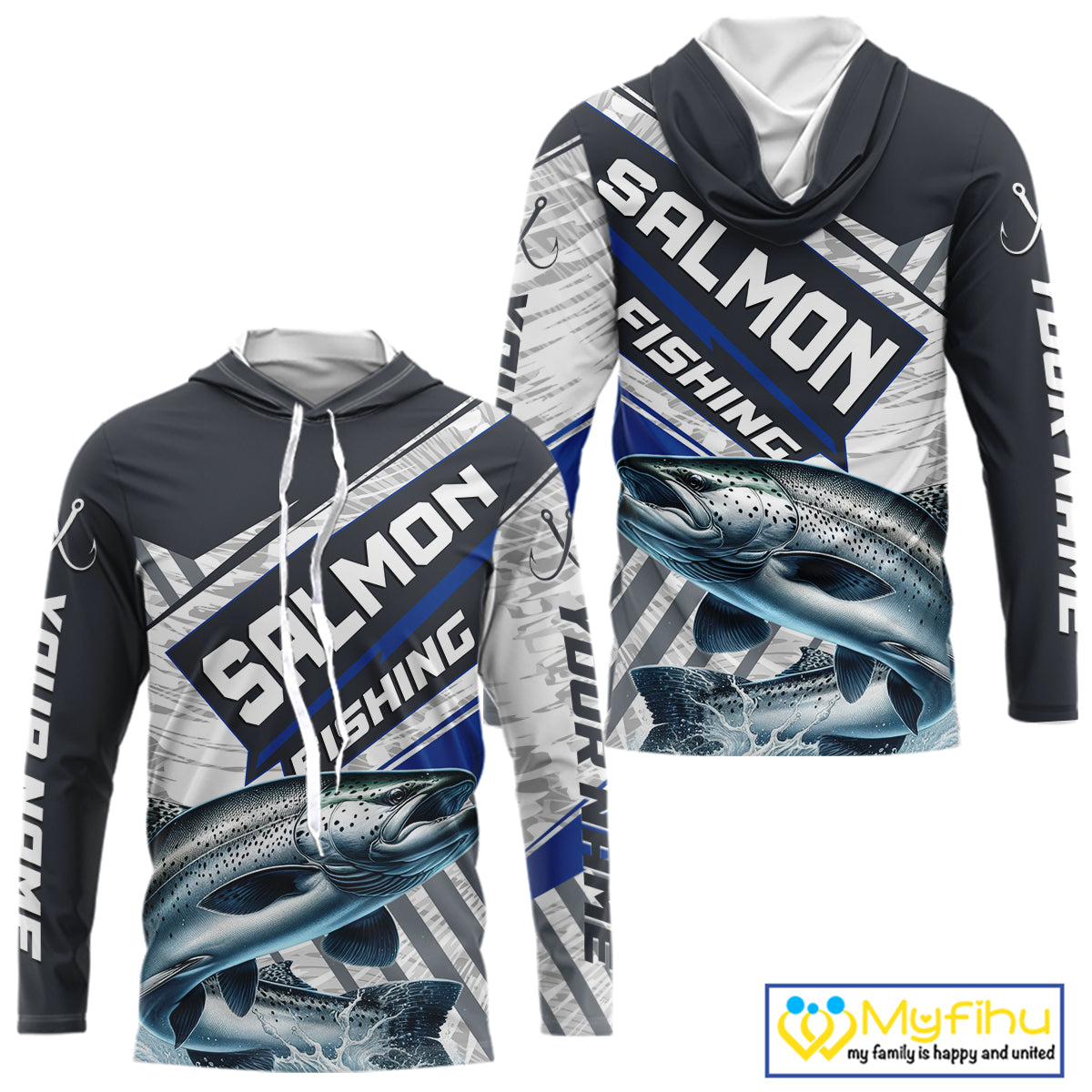 Personalized Chinook Salmon Fishing Jerseys For Fishing Team, Salmon Hooded Fishing Shirt Long Sleeve NHT921