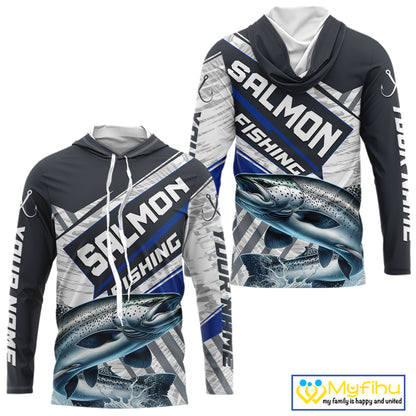 Personalized Chinook Salmon Fishing Jerseys For Fishing Team, Salmon Hooded Fishing Shirt Long Sleeve NHT921