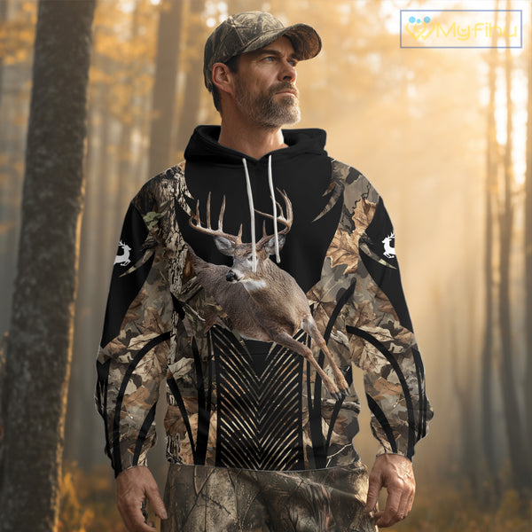 Whitetail Deer Hunting Shirt Black Camo 3D Custom Name, Season Deer Hunting, Hunting Gift NHT140