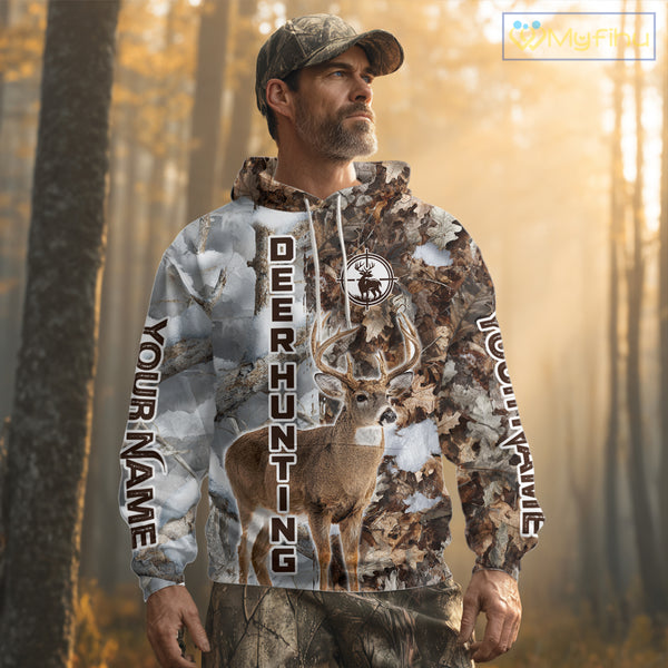Best Deer Hunting Shirt With Whitetail Deer Winter Camo, Custom Name Deer Hunting Clothes NHT245