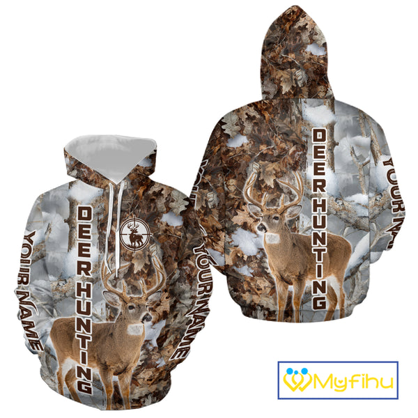 Best Deer Hunting Shirt With Whitetail Deer Winter Camo, Custom Name Deer Hunting Clothes NHT245