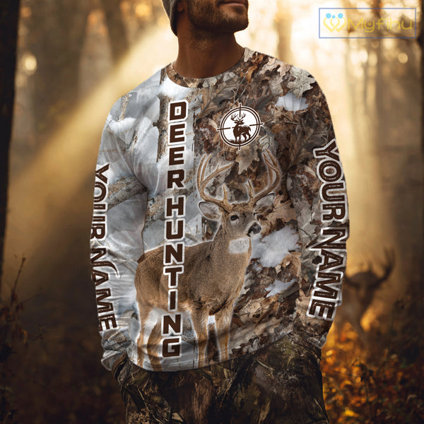 Best Deer Hunting Shirt With Whitetail Deer Winter Camo, Custom Name Deer Hunting Clothes NHT245