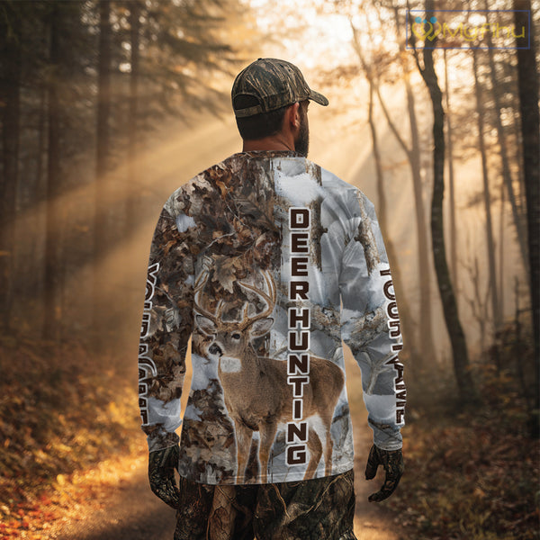 Best Deer Hunting Shirt With Whitetail Deer Winter Camo, Custom Name Deer Hunting Clothes NHT245