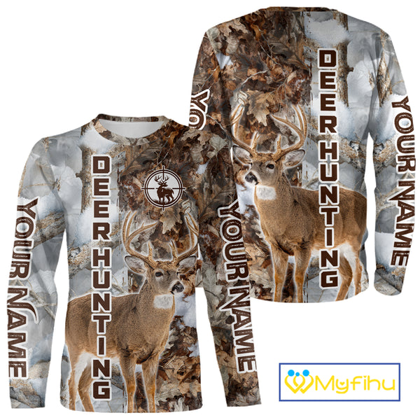 Best Deer Hunting Shirt With Whitetail Deer Winter Camo, Custom Name Deer Hunting Clothes NHT245
