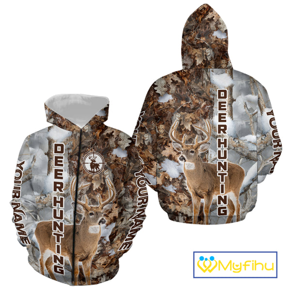 Best Deer Hunting Shirt With Whitetail Deer Winter Camo, Custom Name Deer Hunting Clothes NHT245