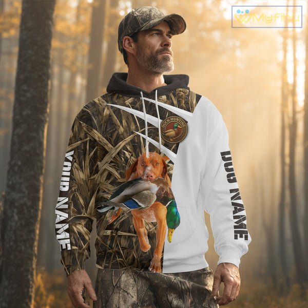 Mallard Duck Hunting Shirt Custom Name with Vizsla Dog Camo Hunting Clothes, Hunting Shirts NHT152