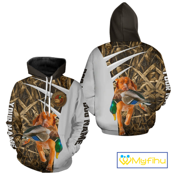 Mallard Duck Hunting Shirt Custom Name with Vizsla Dog Camo Hunting Clothes, Hunting Shirts NHT152