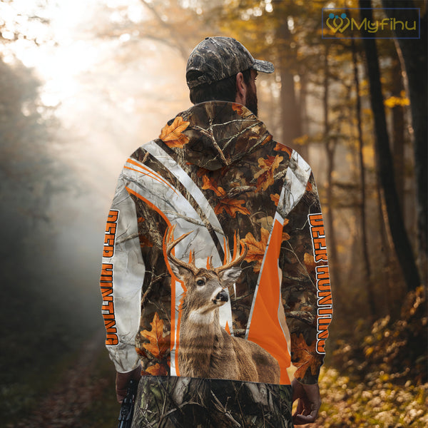 Whitetail Deer Hunting 3D All-Over Print Shirt with Deer Buck, Orange Camo for Deer Hunters NHT249