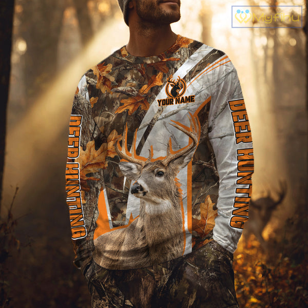 Whitetail Deer Hunting 3D All-Over Print Shirt with Deer Buck, Orange Camo for Deer Hunters NHT249