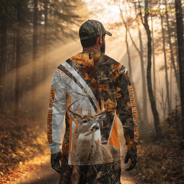 Whitetail Deer Hunting 3D All-Over Print Shirt with Deer Buck, Orange Camo for Deer Hunters NHT249