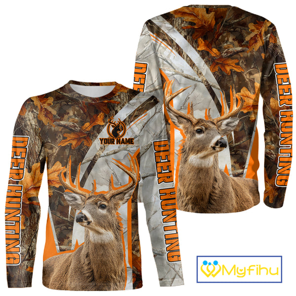 Whitetail Deer Hunting 3D All-Over Print Shirt with Deer Buck, Orange Camo for Deer Hunters NHT249