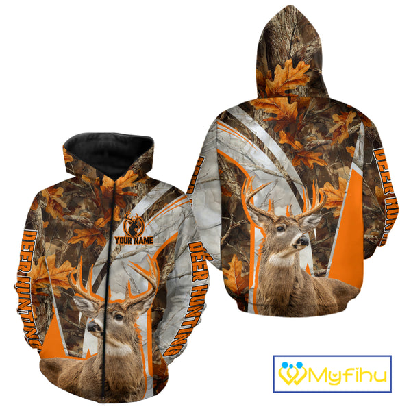Whitetail Deer Hunting 3D All-Over Print Shirt with Deer Buck, Orange Camo for Deer Hunters NHT249