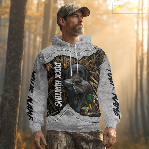 Waterfowl Duck Hunting Shirt – Gray Camo Personalized with Black Lab, Hunting Clothes NHT174