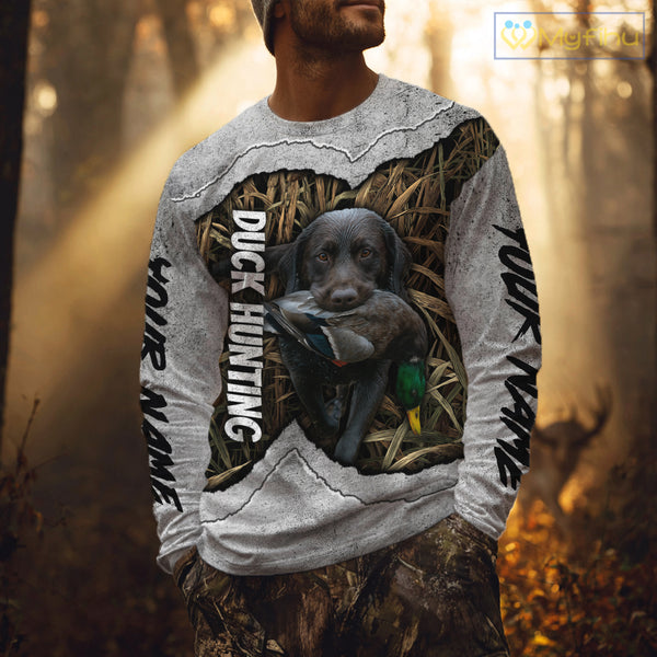 Waterfowl Duck Hunting Shirt – Gray Camo Personalized with Black Lab, Hunting Clothes NHT174