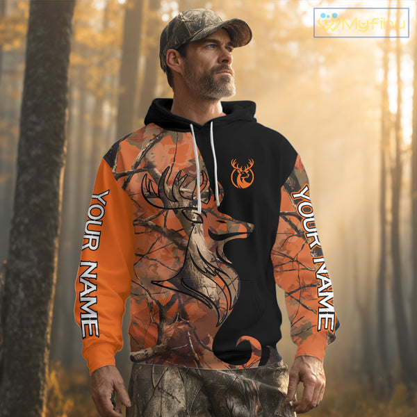 Deer Hunting Big Game Black Camo Orange Custom Name 3D All Over Print Shirts, Hunting Gift NHT267