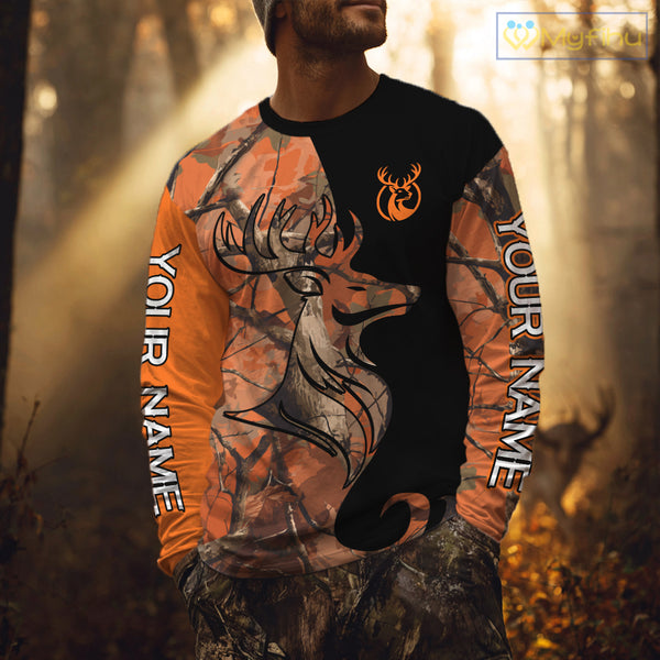 Deer Hunting Big Game Black Camo Orange Custom Name 3D All Over Print Shirts, Hunting Gift NHT267