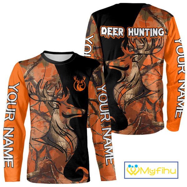 Deer Hunting Big Game Black Camo Orange Custom Name 3D All Over Print Shirts, Hunting Gift NHT267
