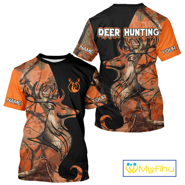 Deer Hunting Big Game Black Camo Orange Custom Name 3D All Over Print Shirts, Hunting Gift NHT267