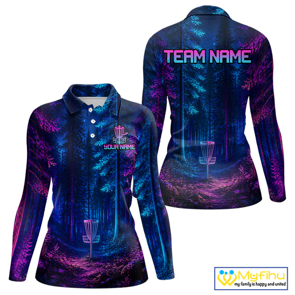 Womens Disc Golf Polo Shirt Custom Forest Neon Disc Golf Basket, Personalized Disc Golf Shirts NHT837