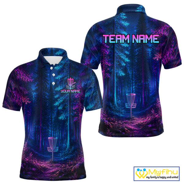Mens Disc Golf Polo Shirt Custom Forest Neon Disc Golf Basket, Personalized Disc Golf Shirts NHT837