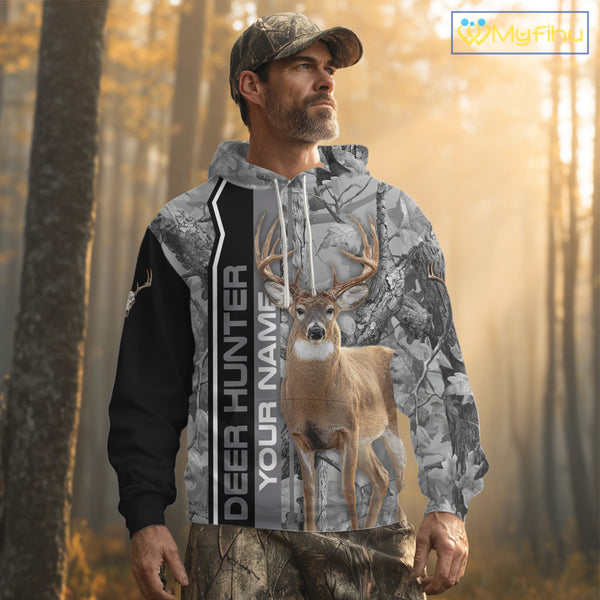 Deer Hunting Camo Custom Name 3D All Over Print Shirt Gray Black, Best Deer Hunting Shirt NHT210