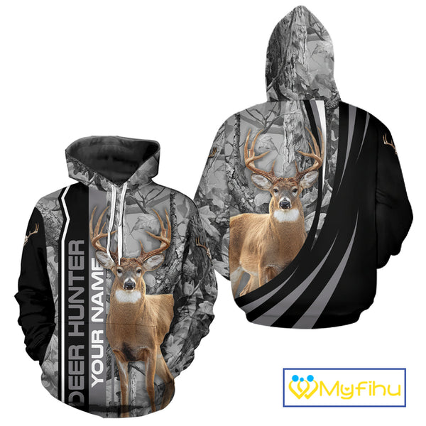Deer Hunting Camo Custom Name 3D All Over Print Shirt Gray Black, Best Deer Hunting Shirt NHT210