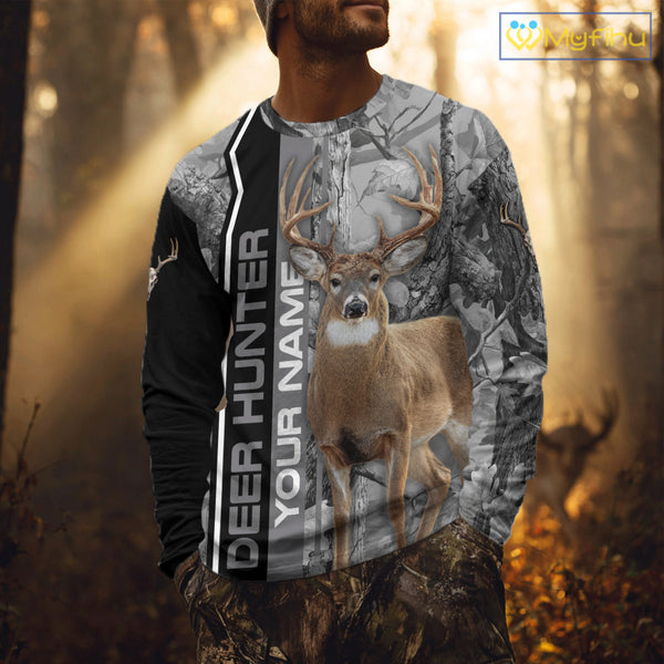 Deer Hunting Camo Custom Name 3D All Over Print Shirt Gray Black, Best Deer Hunting Shirt NHT210