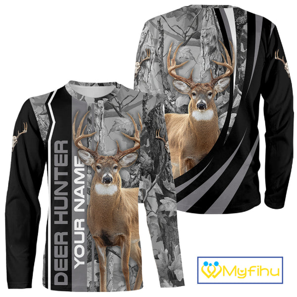 Deer Hunting Camo Custom Name 3D All Over Print Shirt Gray Black, Best Deer Hunting Shirt NHT210