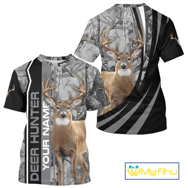Deer Hunting Camo Custom Name 3D All Over Print Shirt Gray Black, Best Deer Hunting Shirt NHT210