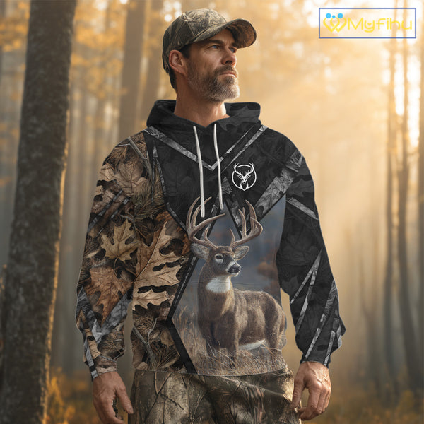 Deer Hunting 3D All Over Print Autumn Camo Black Shirt Custom Name Gifts For Hunter NHT216