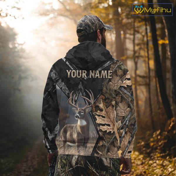 Deer Hunting 3D All Over Print Autumn Camo Black Shirt Custom Name Gifts For Hunter NHT216
