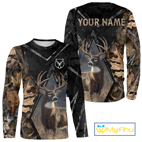 Deer Hunting 3D All Over Print Autumn Camo Black Shirt Custom Name Gifts For Hunter NHT216