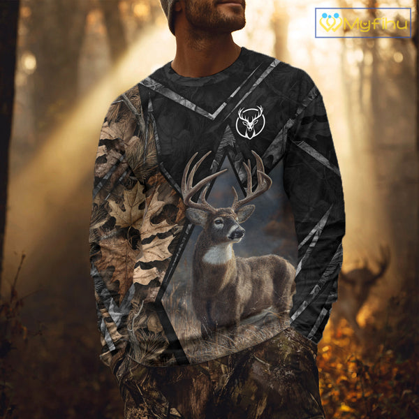 Deer Hunting 3D All Over Print Autumn Camo Black Shirt Custom Name Gifts For Hunter NHT216