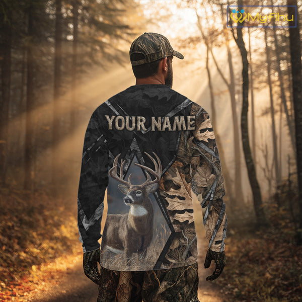Deer Hunting 3D All Over Print Autumn Camo Black Shirt Custom Name Gifts For Hunter NHT216