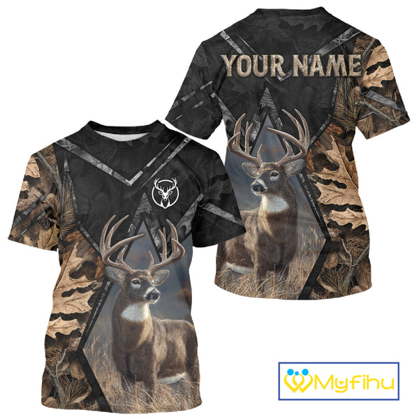 Deer Hunting 3D All Over Print Autumn Camo Black Shirt Custom Name Gifts For Hunter NHT216