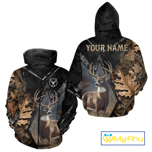 Deer Hunting 3D All Over Print Autumn Camo Black Shirt Custom Name Gifts For Hunter NHT216