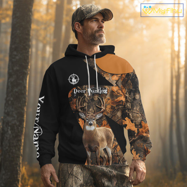 Deer Hunting Shirt Black Camo Orange 3D Custom Name, Season Deer Hunting NHT295