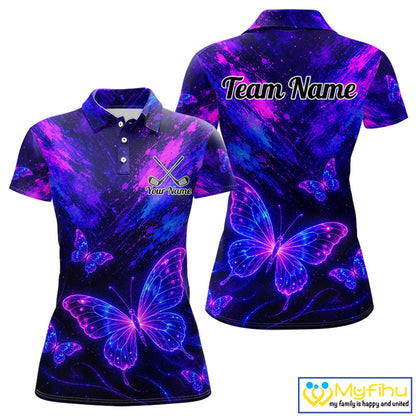 Neon Butterfly Womens Golf Polo Shirt Personalized Team Name Custom Purple Blue Golf Apparel Gift NHT901