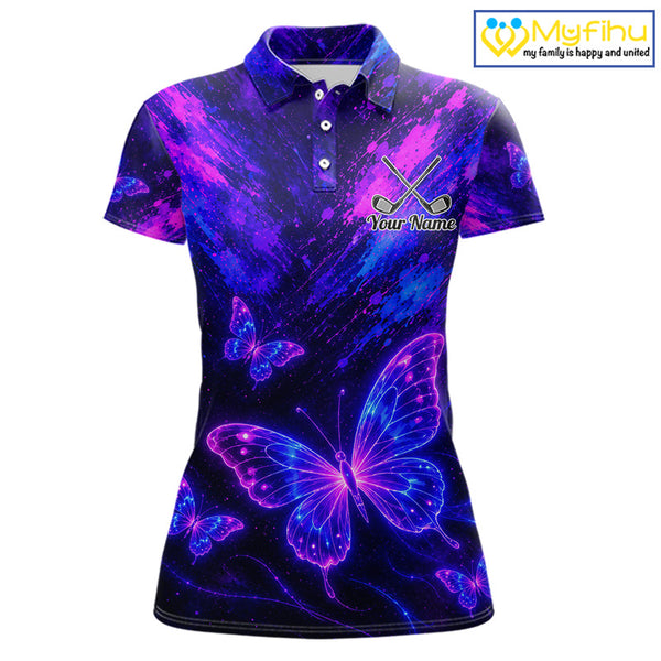 Neon Butterfly Womens Golf Polo Shirt Personalized Team Name Custom Purple Blue Golf Apparel Gift NHT901