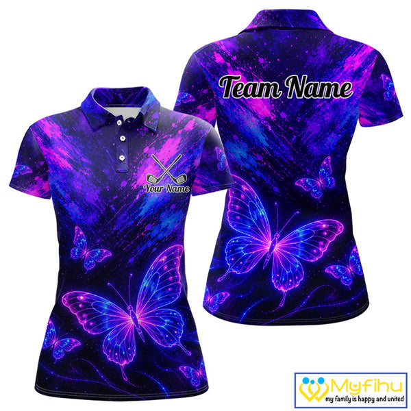 Neon Butterfly Womens Golf Polo Shirt Personalized Team Name Custom Purple Blue Golf Apparel Gift NHT901