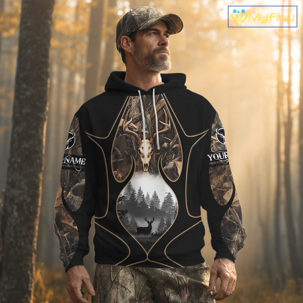 Deer Hunting Shirt 3D All Over Print Skull Deer Personalized Name, Hoodie Hunting For Men NHT363