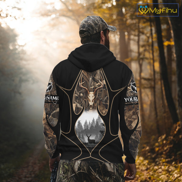 Deer Hunting Shirt 3D All Over Print Skull Deer Personalized Name, Hoodie Hunting For Men NHT363