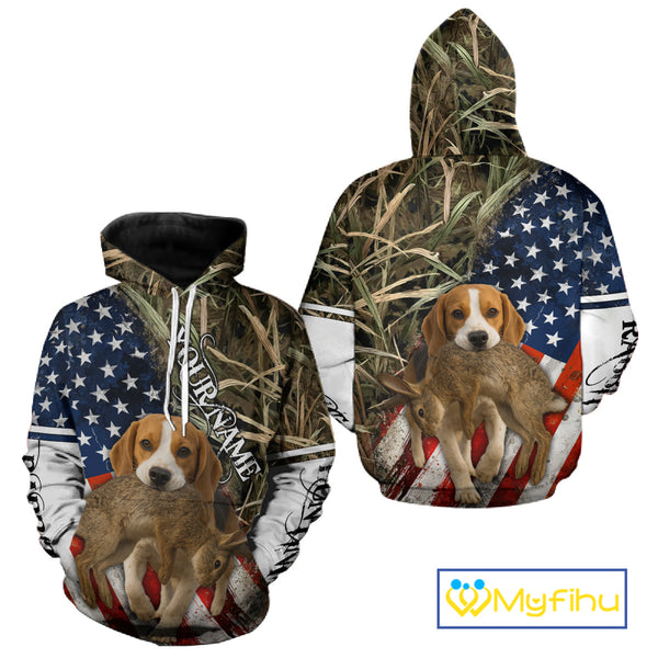 Rabbit Hunting With Beagle 3D US Flag Camo Custom Hunting Shirt, Rabbit Hunting Clothing NHT141