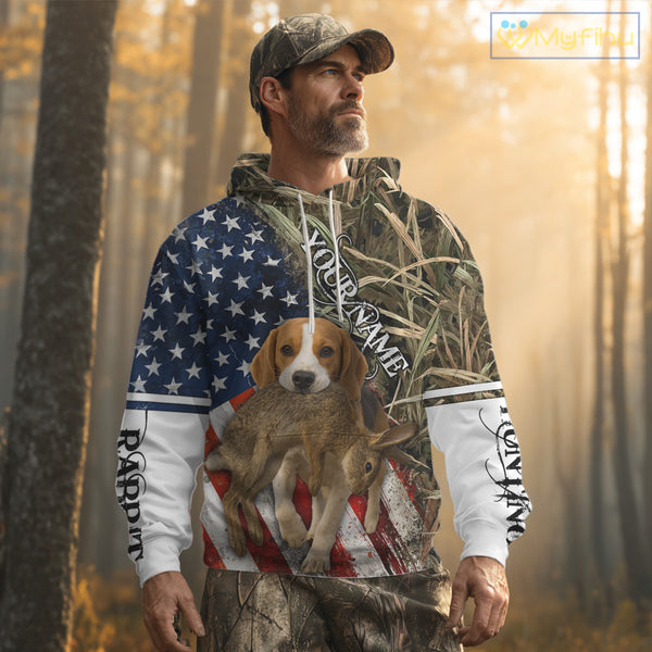 Rabbit Hunting With Beagle 3D US Flag Camo Custom Hunting Shirt, Rabbit Hunting Clothing NHT141