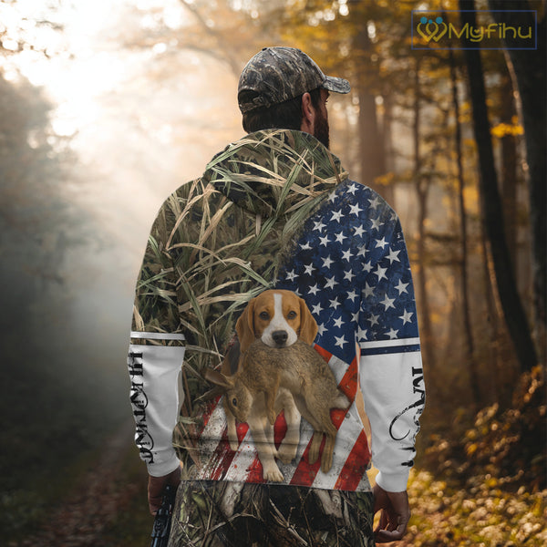 Rabbit Hunting With Beagle 3D US Flag Camo Custom Hunting Shirt, Rabbit Hunting Clothing NHT141