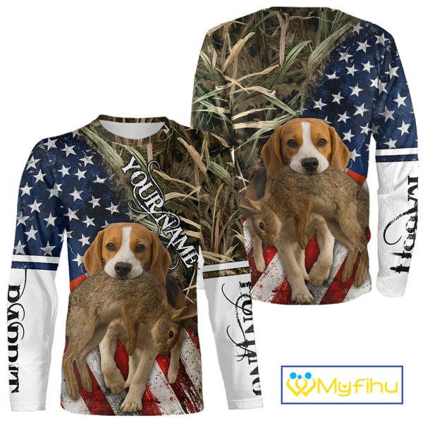 Rabbit Hunting With Beagle 3D US Flag Camo Custom Hunting Shirt, Rabbit Hunting Clothing NHT141